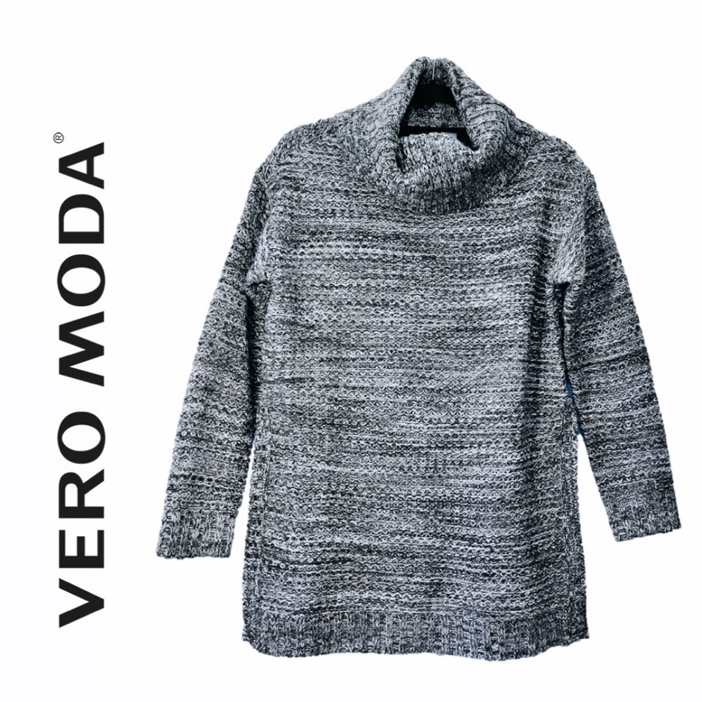 Vero Moda Cowl Neck Split Hem Tunic Black White Gray Knit Cowl Neck Sweater